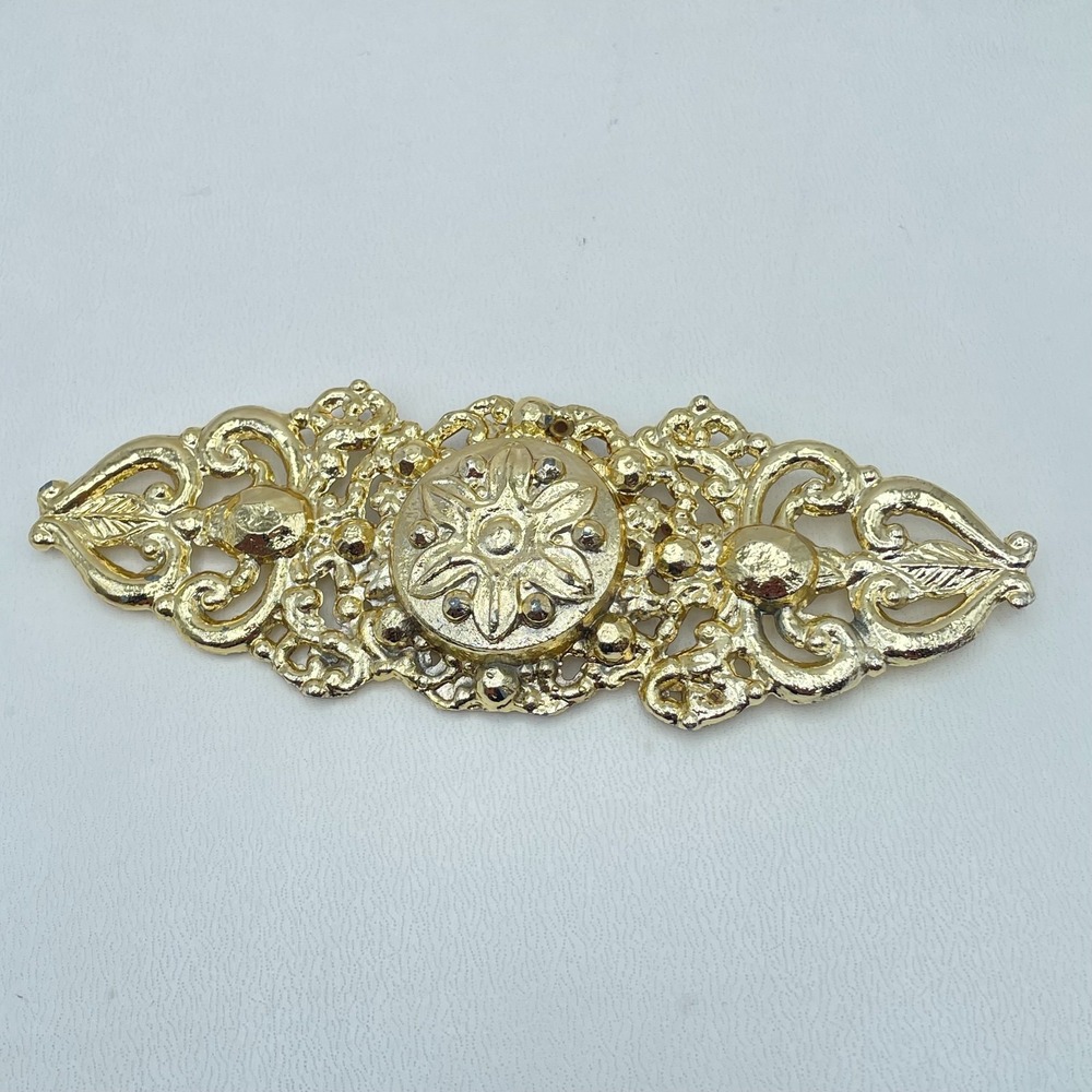 Vintage 90s Filigree Open Weave Scrollwork Glossy Gold-Tone Brooch Pin Jewelry